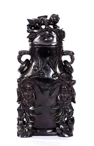 1622G Chinese Dark Cherry Amber Bakelite Faturan Carved Carving Vase Jar Figure - Picture 1 of 24