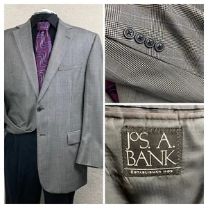 Jos A Banks Mens 44R 100% Wool Sport Coat Prince of Wales Check Gray Black - Picture 1 of 17