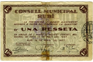 ☆ SPAIN CIVIL WAR 1937 • RUBI 1 PESETA MUNICIPAL ☆ GUERRA CIVIL ESPAÑOLA  ☆D1674 - Picture 1 of 2