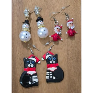 Christmas Earrings 3 Pairs Beaded Snowman Glass Snowman and Wooded Christmas Cat - Picture 1 of 5