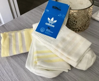 Adidas 3 Pairs Socks Mid Crew White Multi Stripes  UK size 6.5 - 8  BRAND NEW - Image 1 of 2
