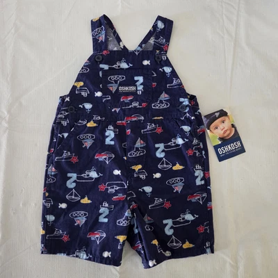 Y2K OSHKOSH Trusts Tide Baby 12M Blue Romper Overalls Shorts Nautical Boats Fish - Image 1 of 4