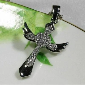 14K White Gold Over 1Ct Lab-Created Diamond Angel Wings Cross Pendant Necklace - Picture 1 of 3