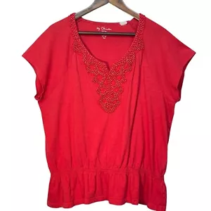 Chico's Women Blouse Top Size L Red Beaded 100% Cotton Cap Sleeve Blouson Style - Imagen 1 de 9