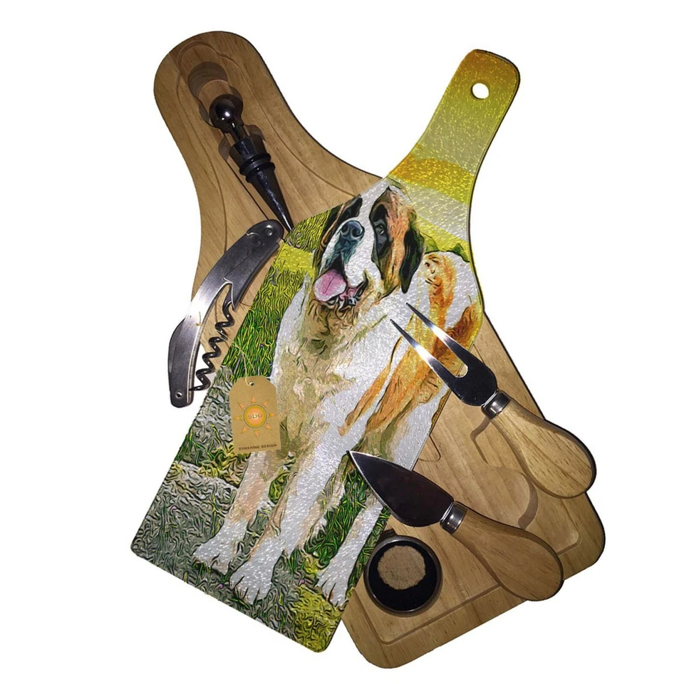 Wine & Cheese Glass Cutting Board Gift Set - Saint Bernard Puppy - Image 1 of 1
