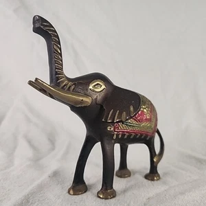 Elephant Figurine Brass Vintage Blackened Etched, Hand Painted India Flavor Luck - Picture 1 of 5