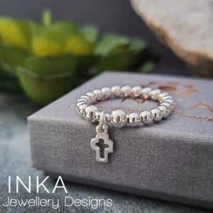 925 Sterling Silber Stapel Stretch Ring Daumenring mit Mini Kreuz Charm INKA - Bild 1 von 6