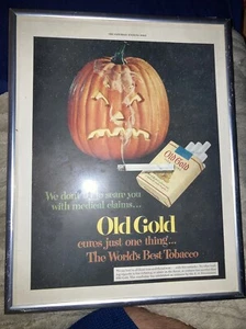 1952 FRAMED Frowning Pumpkin Old Gold Cigarette Ad,Scary Medical Claims 14”x 11” - Picture 1 of 9