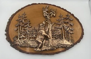 Vintage Pine Wood And Copper Colored Scene Plaque Mama Bear And Babies Wall Art - Picture 1 of 8