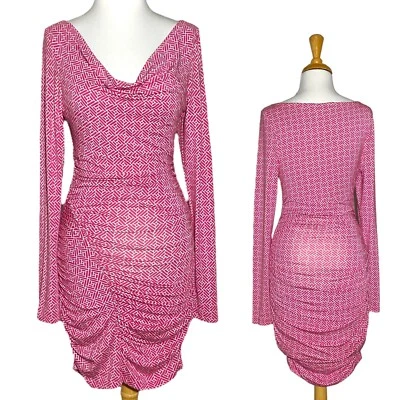 Vestido ceñido al cuerpo para mujer rosa manga larga capucha cuello fruncido elástico talla M Foto 1 de 4