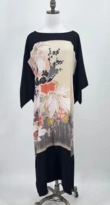Midi-Shirtkleid zitronefarben schwarz asiatisch Blumen Kimonoärmel Gr. M NEU - Bild 1 von 7