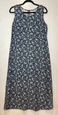 Maxi Vestido Vintage Studio Ease Azul Ditsy Floral Mezcla de Lino Cottagecore Talla 12 Foto 1 de 4