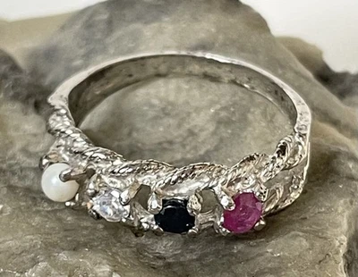 Genuine Gemstones 925 Silver Plated Ring 5.75 Pink Topaz Black Spinel Pearl CZ - Image 1 of 4