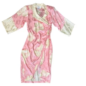 vintage Floral Kung Silk Floral Wrap Dress kimono Size 4 Pink & Cream - Picture 1 of 14