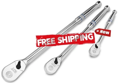 Juego de 3 mangos de trinquete extra largos, 1/4", 3/8", 1/2", reversible, acero - Image 1 of 4