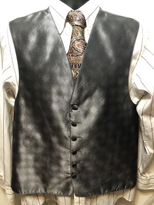 Chaleco Perry Ellis Para Hombres Pequeño Cuello en V 6 Botones Plateado Negro Cintura Abrigo Baile de graduación Boda Foto 1 de 4