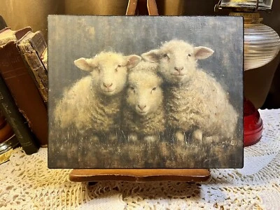 PRIMITIVE Sheep, Three Rustic Sheep, 手工制作 艺术家帆布板标志 — 第 1/3 张图片