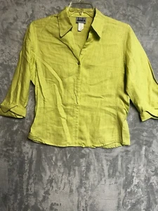 David N 100% Linen Blouse Womens L Lime Green Long Sleeve Button Shirt Top - Picture 1 of 6
