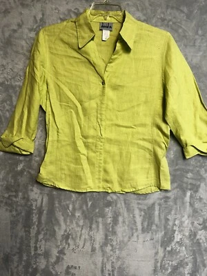 Blusa Top David N 100 % lino para mujer verde lima manga larga botones Foto 1 de 4
