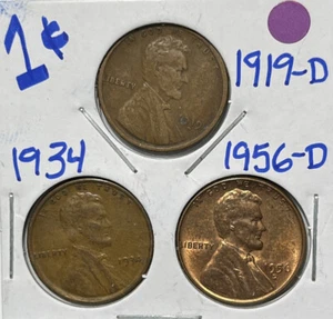 Lote de centavos de trigo Lincoln 1919-D 1934 1956-D monedas reales colección de centavos iniciador - Imagen 1 de 7