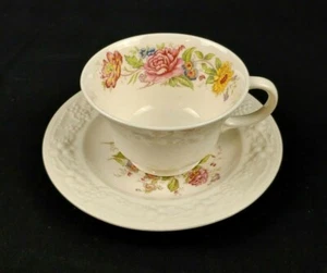 Homer Laughlin Cup & Saucer Eggshell Theme Pink Yellow Floral Embossed Rim USA - Picture 1 of 7