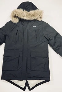 Eddide Bauer Down Parka Kids Sz Large (14-16) Black Superios Down Parka Hood Fur - Picture 1 of 16