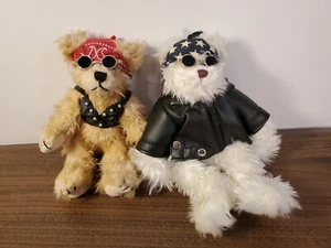 Set of 2 Ellis Biker Bears Male & Female Plush Poseable Sunglasses Cool Leather - Picture 1 of 11