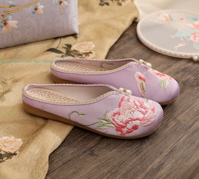 Chinelos femininos chineses florais bordados confortáveis tecido de algodão casa sapatos - Imagem 1 de 4