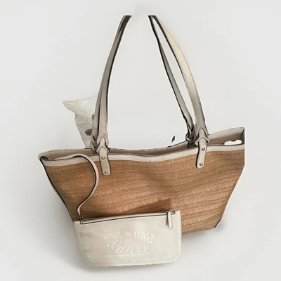 Auténtico Bolso de Mano Gucci Marfil Bambú Rafia Paja Malla Preciado Foto 1 de 4