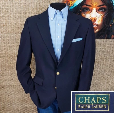 RALPH LAUREN Chaps Men’s 42 L Navy Blue Wool 3-Season Blazer BRASS POLO BUTTONS - Image 1 of 4