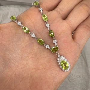 925 Sterling Silver Necklace 6x4mm Oval Natural Peridot Gemstone Pendant Jewely - Picture 1 of 10