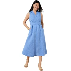 Vestido Camisa Talbots Petite Azul Lino Talla 4 Imitación Envoltura Cintura Ajuste y Bolsillos Acampanados - Imagen 1 de 1