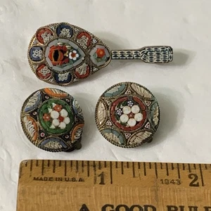Vtg. Italian Mosiac Mandolin Lute Pin Brooch W/ Clip Earrings Gold Tone Jewelry - Picture 1 of 17