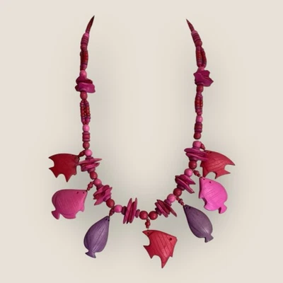 Wooden Carved Tropical Fish Necklace Pink Red Purple Chunky - Image 1 of 4