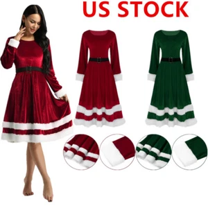Mujeres Suave Terciopelo Papá Noel Disfraz Navidad Manga Larga Midi Vestido Conjunto - Imagen 1 de 35