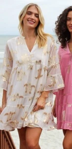 SIMPLY SOUTHERN DRESS CREAM METALLIC CHIFFON TURTLE NEW M GOLD FLOWY - Picture 1 of 11