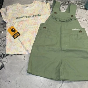 Carhartt Toddler Girls Green Shortalls Floral Shirt Outfit Set NEW - Picture 1 of 3