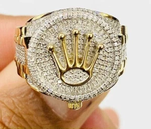 Silver 4Ct Natural Moissanite Crown Hip Hop Men's Ring in 14K Yellow Gold over - Picture 1 of 7