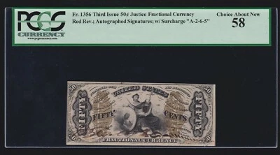 US 50c Fractional Currency "Justice" Red Back w/Signatures FR 1356 PCGS 58 Ch AU - Image 1 of 2