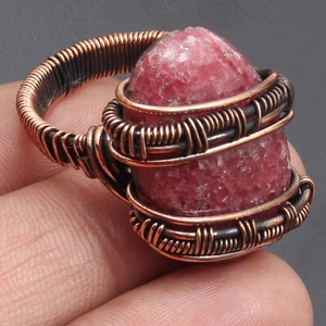Rhodonite Gemstone Gift For Mother Copper Wire Wrapped Ring US 8.5 Jewelry G7550 - Picture 1 of 3
