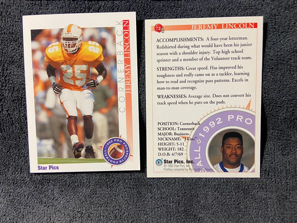 Jeremy Lincoln Tennessee Vols 1992 Star Pics Rookie #72 free Shipping - Image 1 of 1