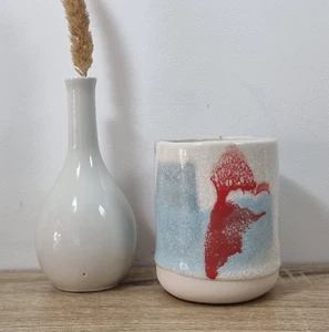 Organic Blue Red Abstract Pottery Vase Cup Pen Brush Holder Vessel - Picture 1 of 8