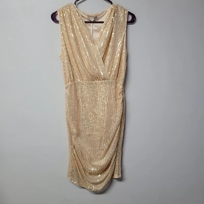 Grace Karin Women Gold Sequin Wrap V Neck Ruched Bodycon Cocktail Dress M NWT - Image 1 of 4