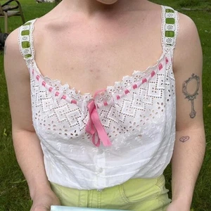 Antique Victorian Pigeon Bust Eyelet Lace Green Pink Ribbon Corset Cover XXS/XS - Picture 1 of 8