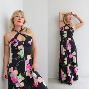 1970's Vintage Halter Neck Maxi Dress Women's XS SM 0 2 4 Long 70s Summer Party - Picture 1 of 9