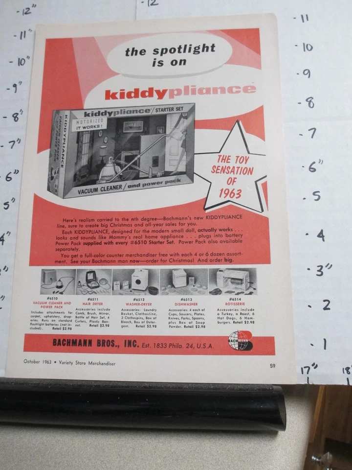 Revista Anuncio Años 60 BACHMANN Kiddypliance Aspirador Juguete Asador Lavavajillas Foto 1 de 1