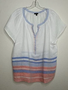 Talbots Linen Top XLP White Stripe Split Neck Popover Lightweight Coastal Beach - Picture 1 of 9