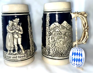 2 X Vintage Pottery Ceramic Blue Beer Stein Tankard’s Jager and Dirndl - Bild 1 von 11