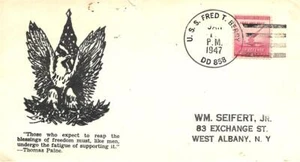 FRED T BARRY (DD-858) 1 Jan 1947 LT 2t(nu) Postmark Cacheted - Picture 1 of 1