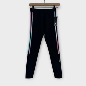 Adidas Big Girl’s Size 14 Black Purple 3 Stripes Logo Sporty Athletic Tights New - Picture 1 of 9